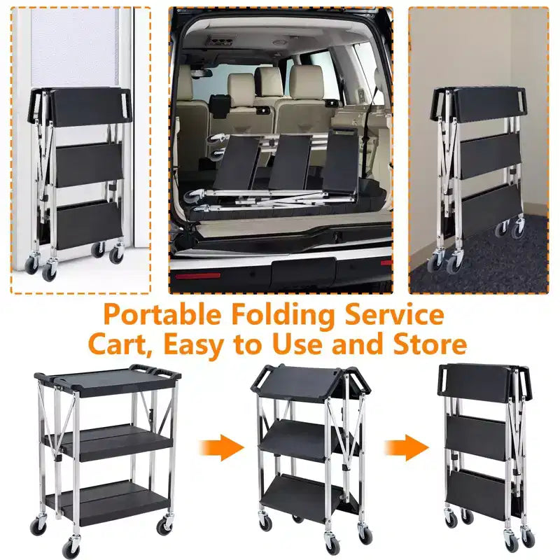 Carrito de servicio rodante - Plegable de 3 estantes de alta resistencia con ruedas, capacidad de 150 kg, carrito de servicio plegable (negro)