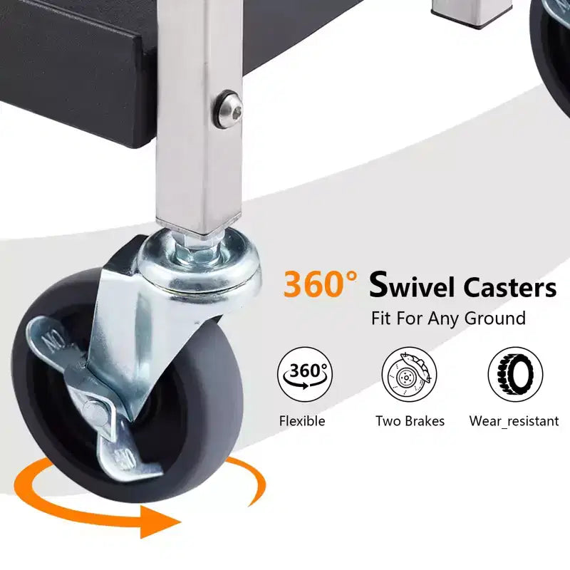 Carrito de servicio rodante - Plegable de 3 estantes de alta resistencia con ruedas, capacidad de 150 kg, carrito de servicio plegable (negro)