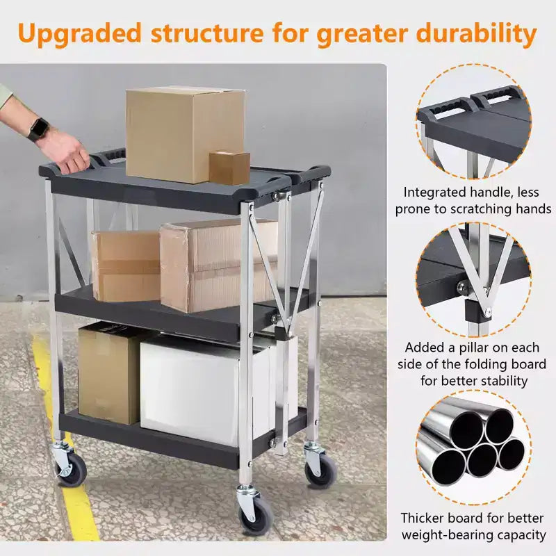 Carrito de servicio rodante - Plegable de 3 estantes de alta resistencia con ruedas, capacidad de 150 kg, carrito de servicio plegable (negro)