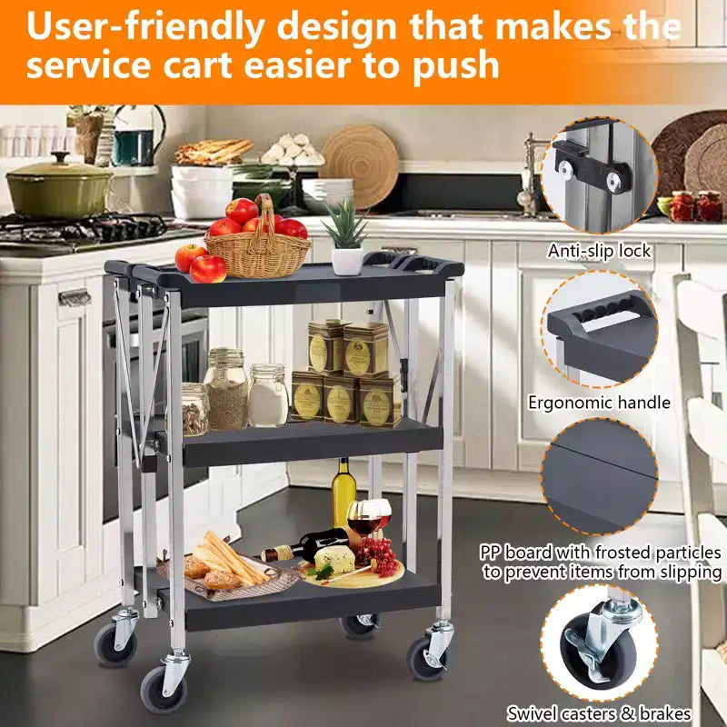 Carrito de servicio rodante - Plegable de 3 estantes de alta resistencia con ruedas, capacidad de 150 kg, carrito de servicio plegable (negro)