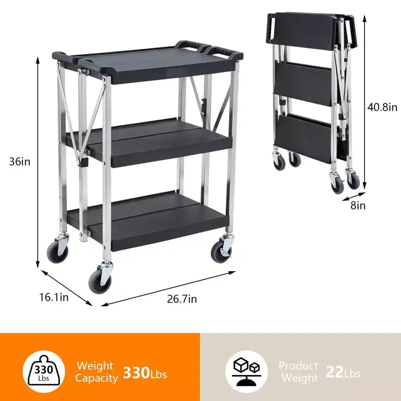 Carrito de servicio rodante - Plegable de 3 estantes de alta resistencia con ruedas, capacidad de 150 kg, carrito de servicio plegable (negro)
