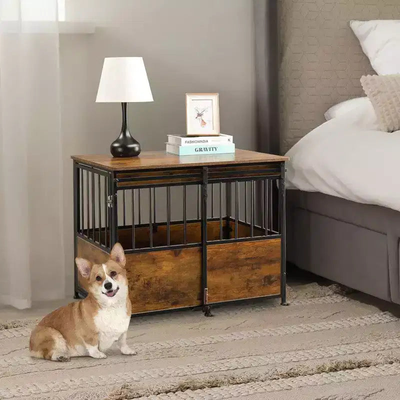 31.4 Dual-Function Pet Crate End Table  Wooden & Metal Pet House with Storage Top