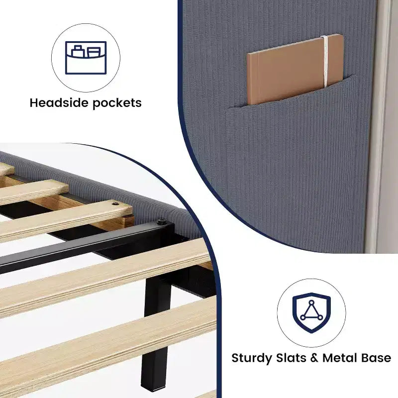 Base de cama King con cabecero alado, cama tipo plataforma tapizada en terciopelo, no necesita somier, soporte de listones de madera, sin ruidos, fácil montaje