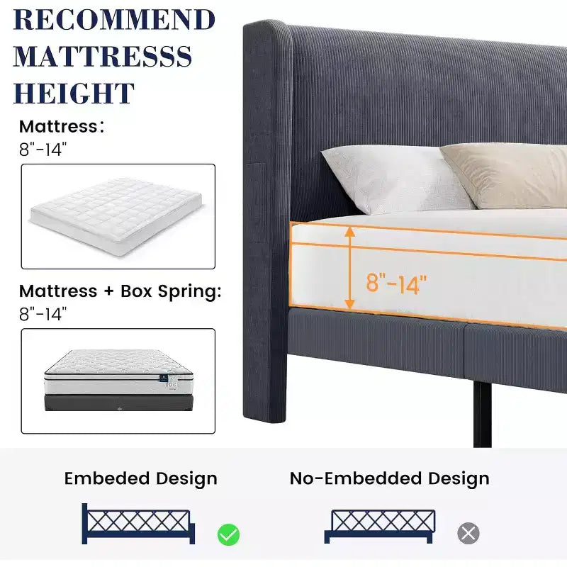 Base de cama King con cabecero alado, cama tipo plataforma tapizada en terciopelo, no necesita somier, soporte de listones de madera, sin ruidos, fácil montaje
