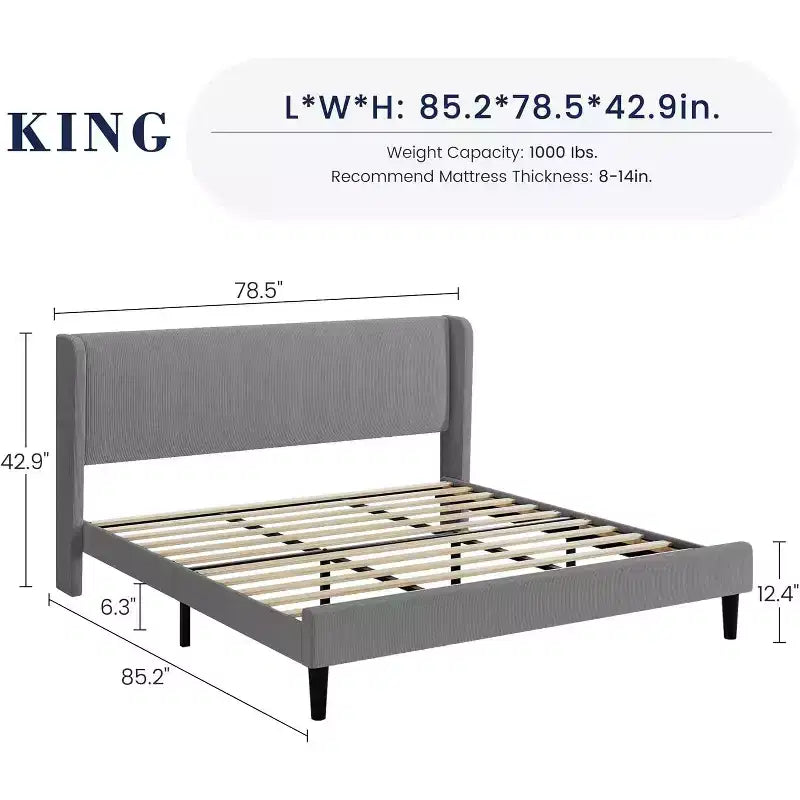 Base de cama King con cabecero alado, cama tipo plataforma tapizada en terciopelo, no necesita somier, soporte de listones de madera, sin ruidos, fácil montaje