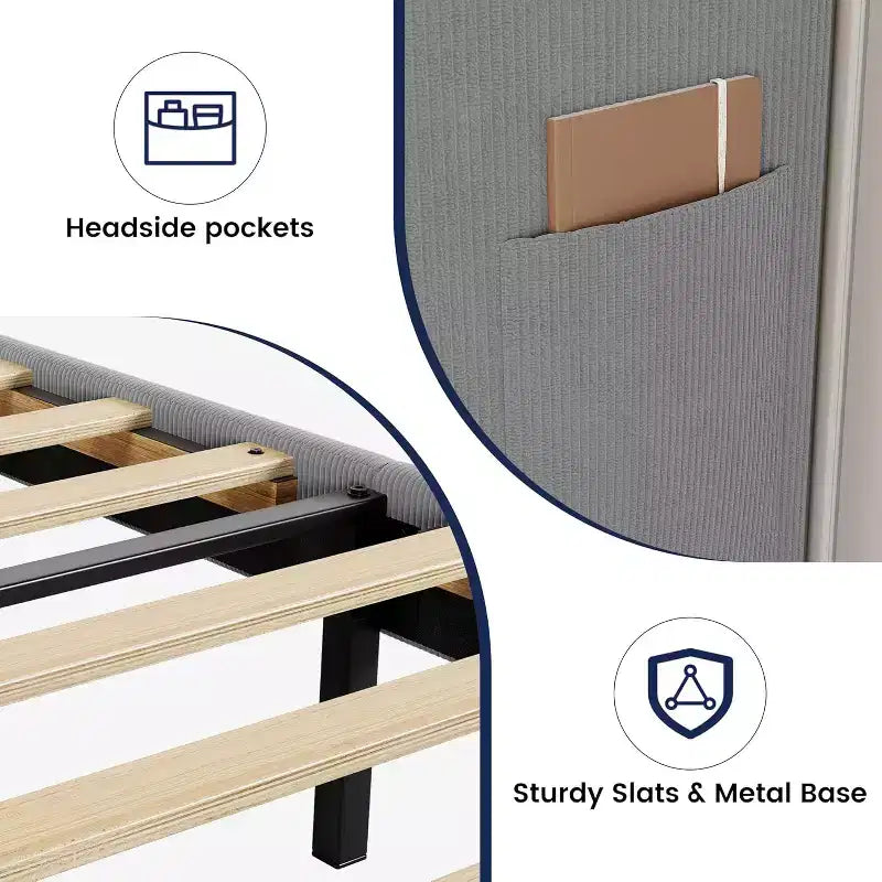 Base de cama King con cabecero alado, cama tipo plataforma tapizada en terciopelo, no necesita somier, soporte de listones de madera, sin ruidos, fácil montaje