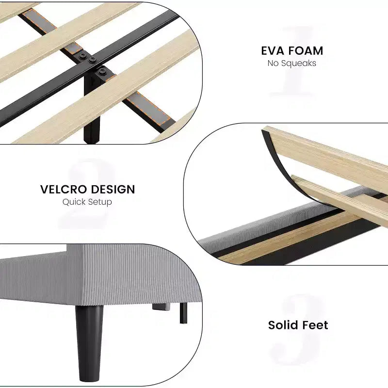 Base de cama King con cabecero alado, cama tipo plataforma tapizada en terciopelo, no necesita somier, soporte de listones de madera, sin ruidos, fácil montaje
