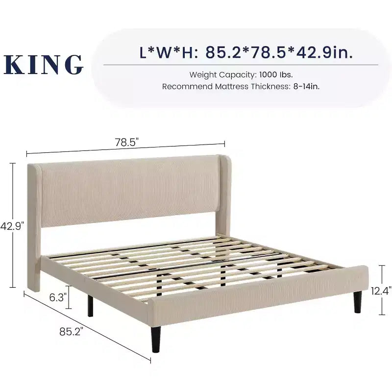 Base de cama King con cabecero alado, cama tipo plataforma tapizada en terciopelo, no necesita somier, soporte de listones de madera, sin ruidos, fácil montaje