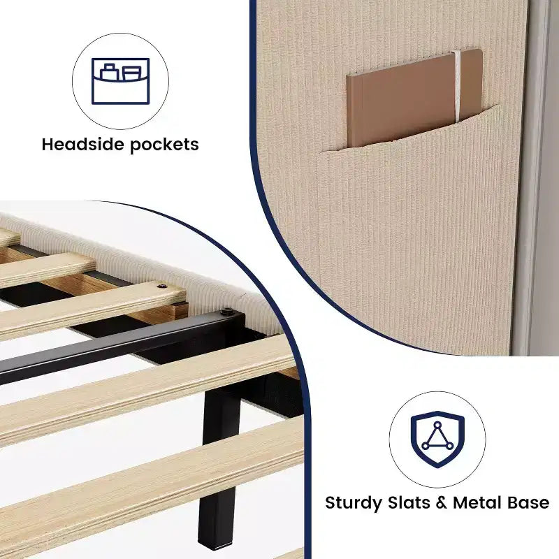 Base de cama King con cabecero alado, cama tipo plataforma tapizada en terciopelo, no necesita somier, soporte de listones de madera, sin ruidos, fácil montaje