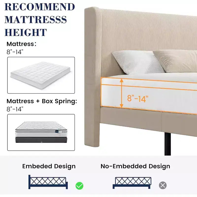 Base de cama King con cabecero alado, cama tipo plataforma tapizada en terciopelo, no necesita somier, soporte de listones de madera, sin ruidos, fácil montaje