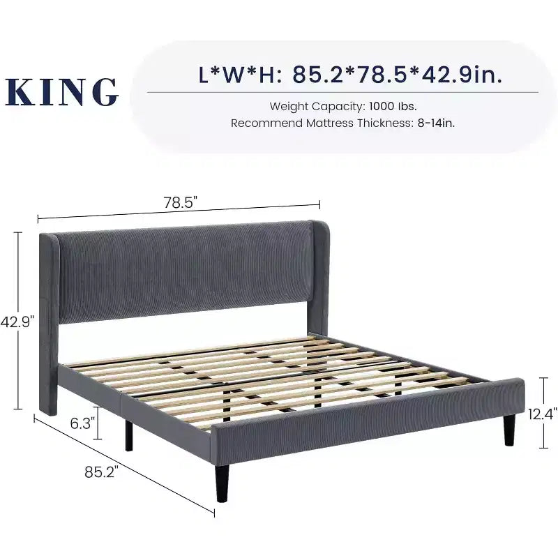 Base de cama King con cabecero alado, cama tipo plataforma tapizada en terciopelo, no necesita somier, soporte de listones de madera, sin ruidos, fácil montaje