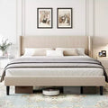 King Bed Frame with Wingback Headboard, Velvet Upholstery Platform Bed, No Box Spring Needed, Wood Slats Support, Noise Free, Easy Assembly