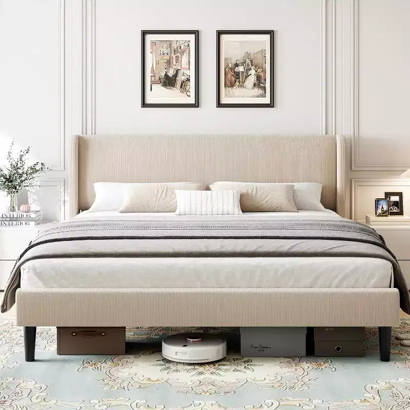 King Bed Frame with Wingback Headboard, Velvet Upholstery Platform Bed, No Box Spring Needed, Wood Slats Support, Noise Free, Easy Assembly