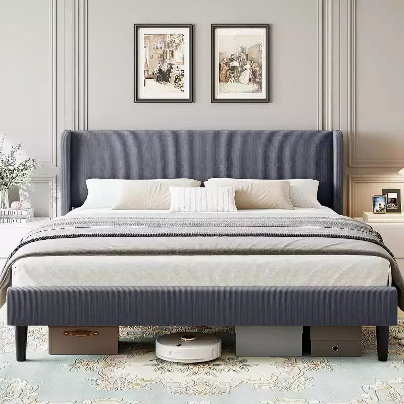 Base de cama King con cabecero alado, cama tipo plataforma tapizada en terciopelo, no necesita somier, soporte de listones de madera, sin ruidos, fácil montaje
