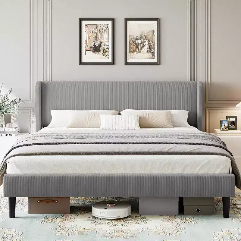 Base de cama King con cabecero alado, cama tipo plataforma tapizada en terciopelo, no necesita somier, soporte de listones de madera, sin ruidos, fácil montaje