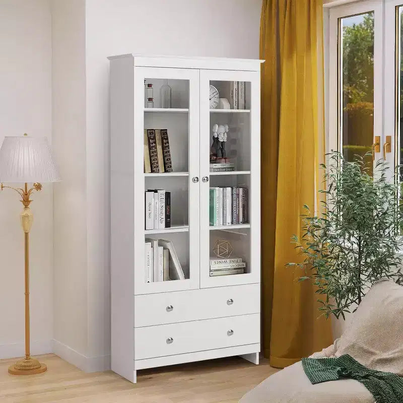 TYBOATLE White Bookshelf and Bookcas, Modern Display Cabinet with Glass, Large Bookshelves with Storage Cabinet for Home Office, Commercial