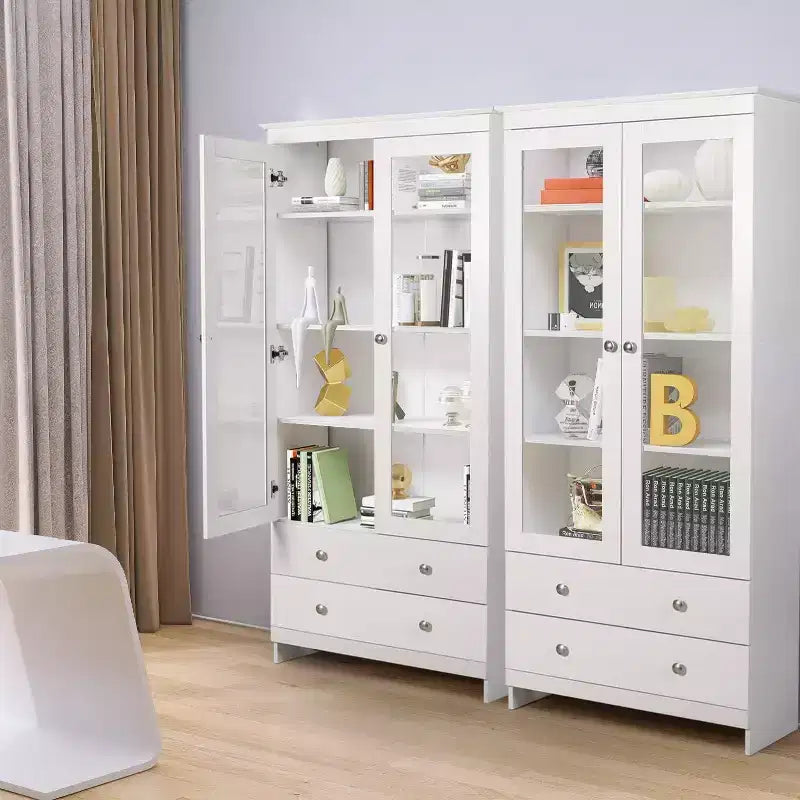 Estantería blanca y librería, vitrina moderna con cristal, estanterías grandes con gabinete de almacenamiento para oficina en casa, comercial
