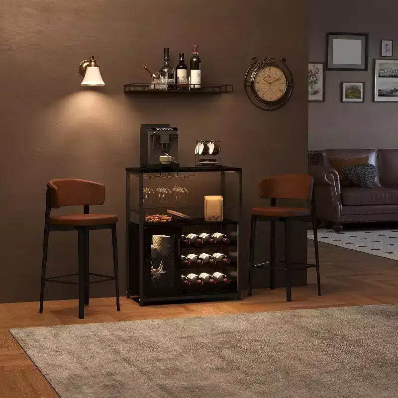 Acekool Compact Bar Cabinet - Wine Storage with Adjustable Shelves & Glass Rack