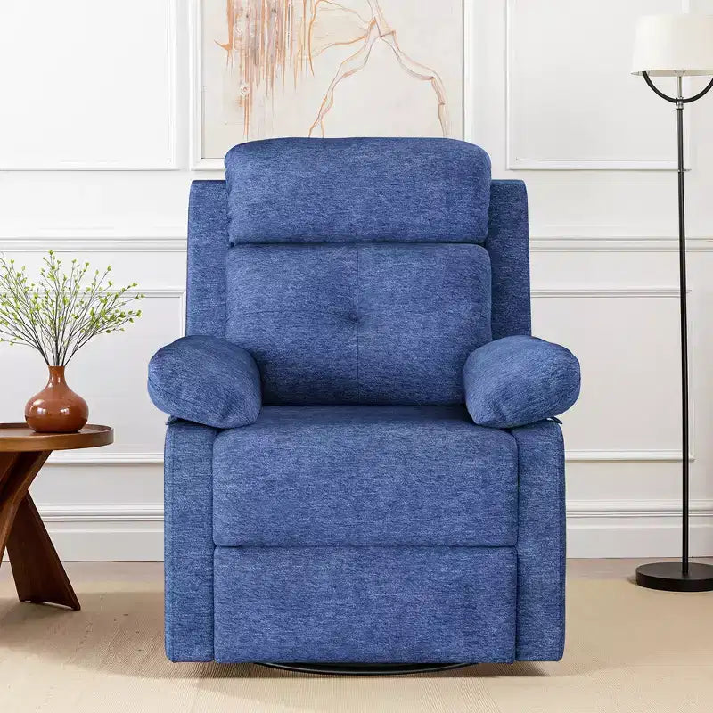 Mecedora reclinable giratoria pequeña azul, diseño que ahorra espacio para mujeres, ideal para dormitorio o sala de estar
