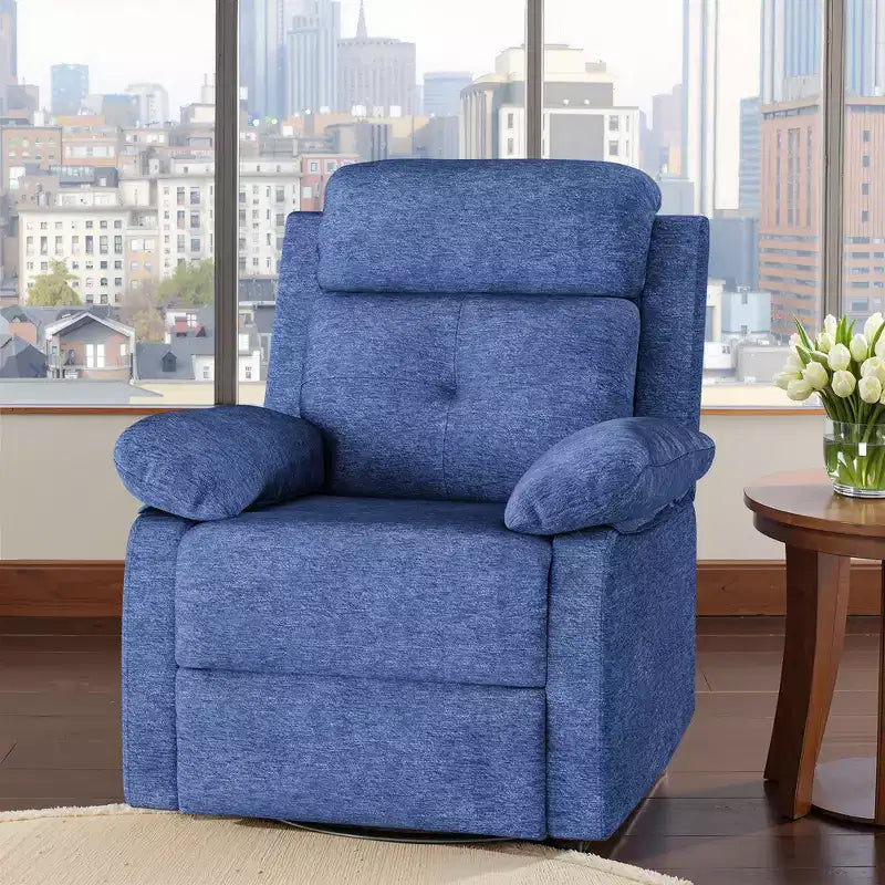 Mecedora reclinable giratoria pequeña azul, diseño que ahorra espacio para mujeres, ideal para dormitorio o sala de estar