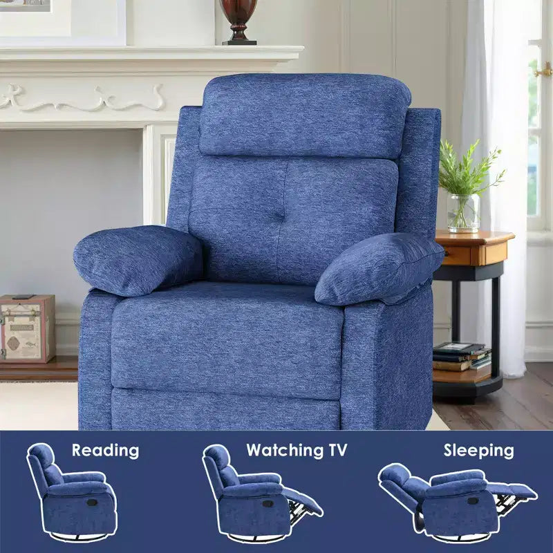 Mecedora reclinable giratoria pequeña azul, diseño que ahorra espacio para mujeres, ideal para dormitorio o sala de estar
