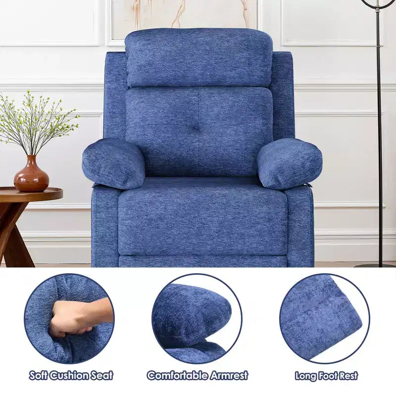 Mecedora reclinable giratoria pequeña azul, diseño que ahorra espacio para mujeres, ideal para dormitorio o sala de estar