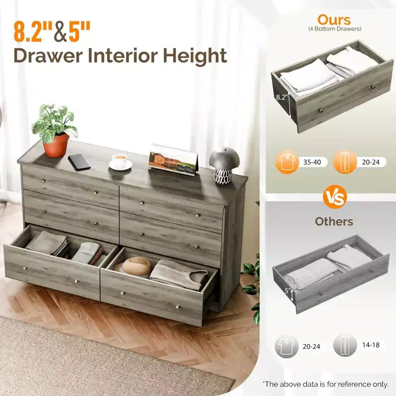Cómoda de 6 cajones de aglomerado gris de 150 cm (59,06 pulg.) de ancho