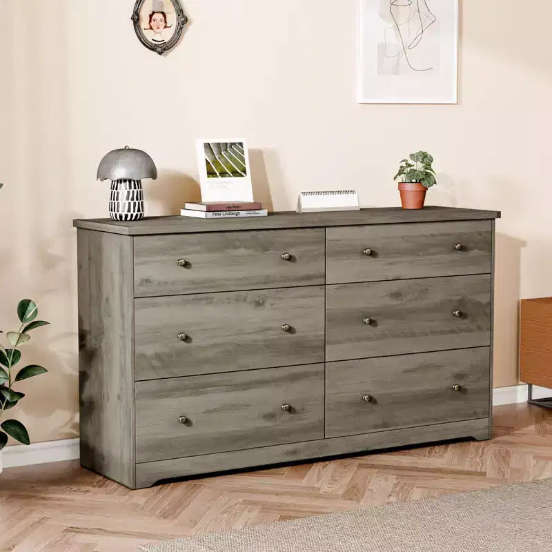 Cómoda de 6 cajones de aglomerado gris de 150 cm (59,06 pulg.) de ancho