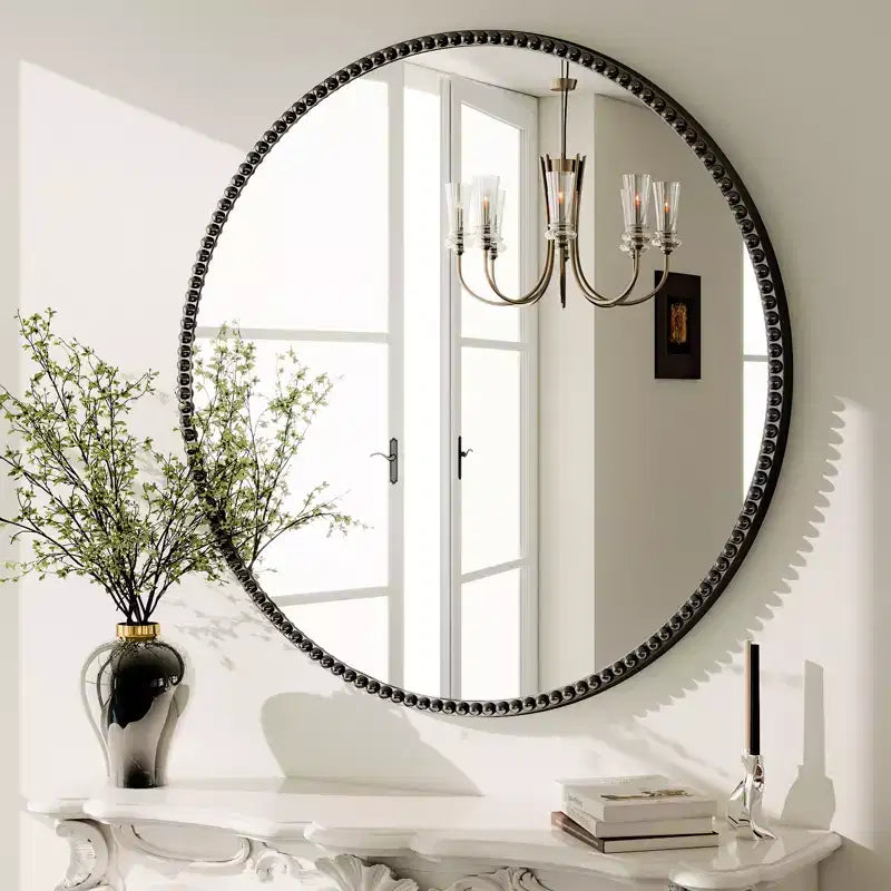 BEAUTYPEAK Round Wall Mirror 24x24 Antique Beaded Resin Frame Vanity Mirror