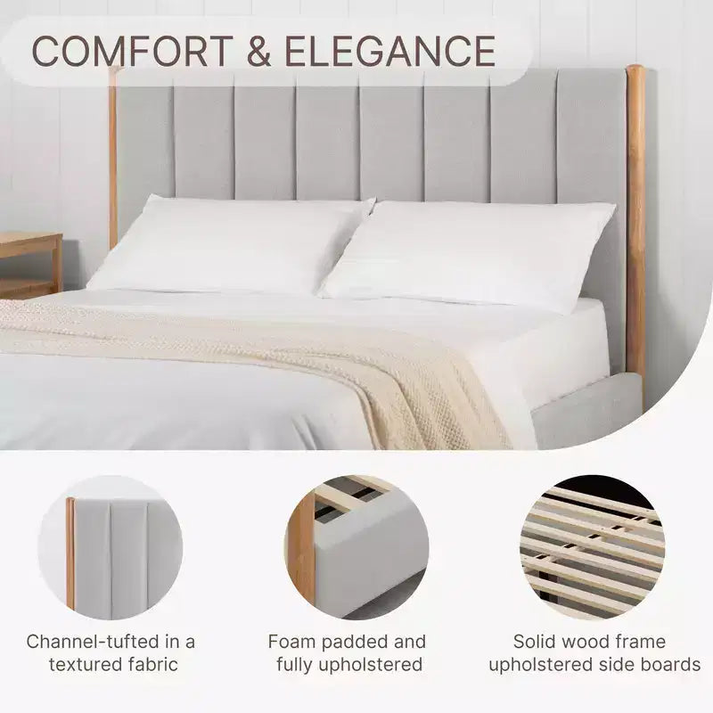 Base de cama de plataforma de madera totalmente tapizada
