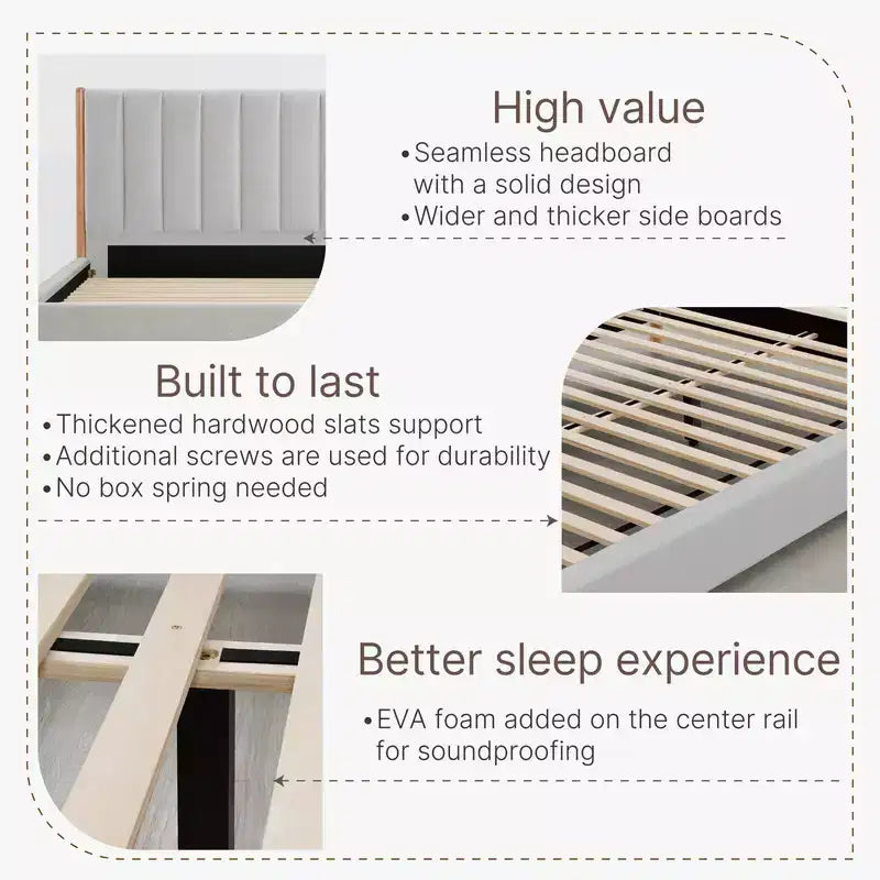 Base de cama de plataforma de madera totalmente tapizada