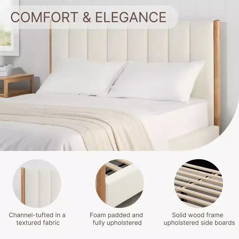 Base de cama de plataforma de madera totalmente tapizada