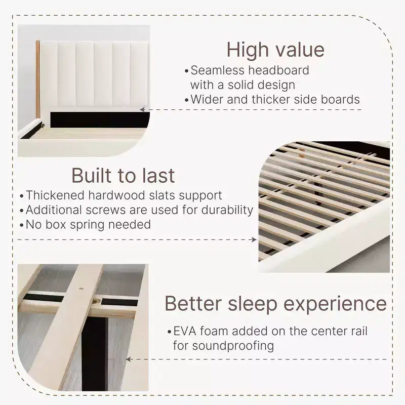 Base de cama de plataforma de madera totalmente tapizada