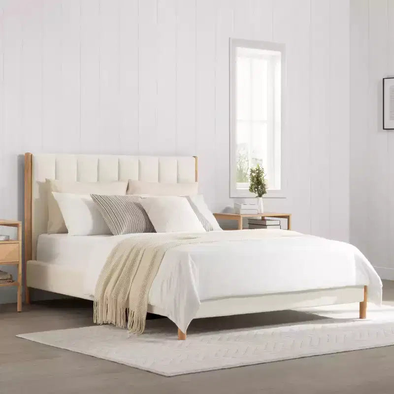 Base de cama de plataforma de madera totalmente tapizada