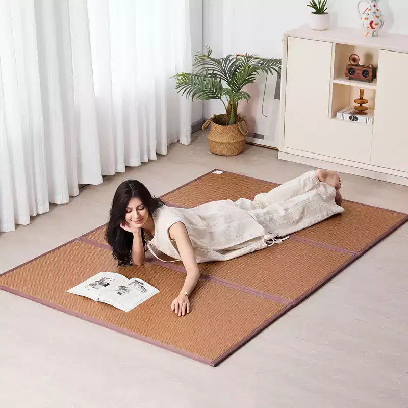 Tatami Japonés, 80 x 55 pulg. Plegable Tejido a Mano Ratán Natural, Antideslizante y Fácil de Limpiar, Marrón