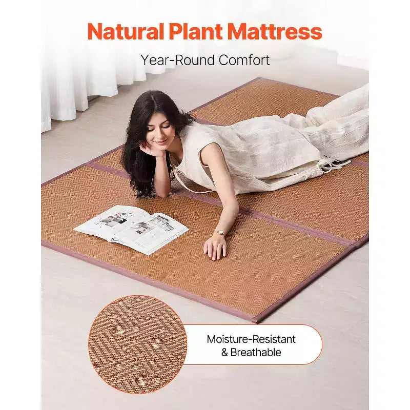 Tatami Japonés, 80 x 55 pulg. Plegable Tejido a Mano Ratán Natural, Antideslizante y Fácil de Limpiar, Marrón
