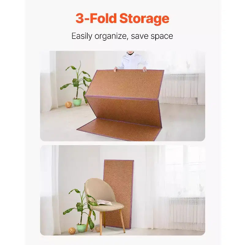 Tatami Japonés, 80 x 55 pulg. Plegable Tejido a Mano Ratán Natural, Antideslizante y Fácil de Limpiar, Marrón