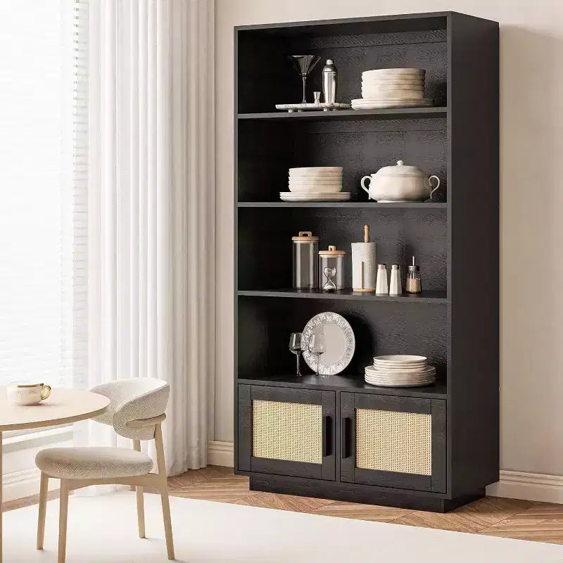 5 Tier Boho Wooden Bookcase with Rattan Doors, Tall Open Shelf Book Stand with Storage for Living Room, Bedroom, Home Office, and Kitchen