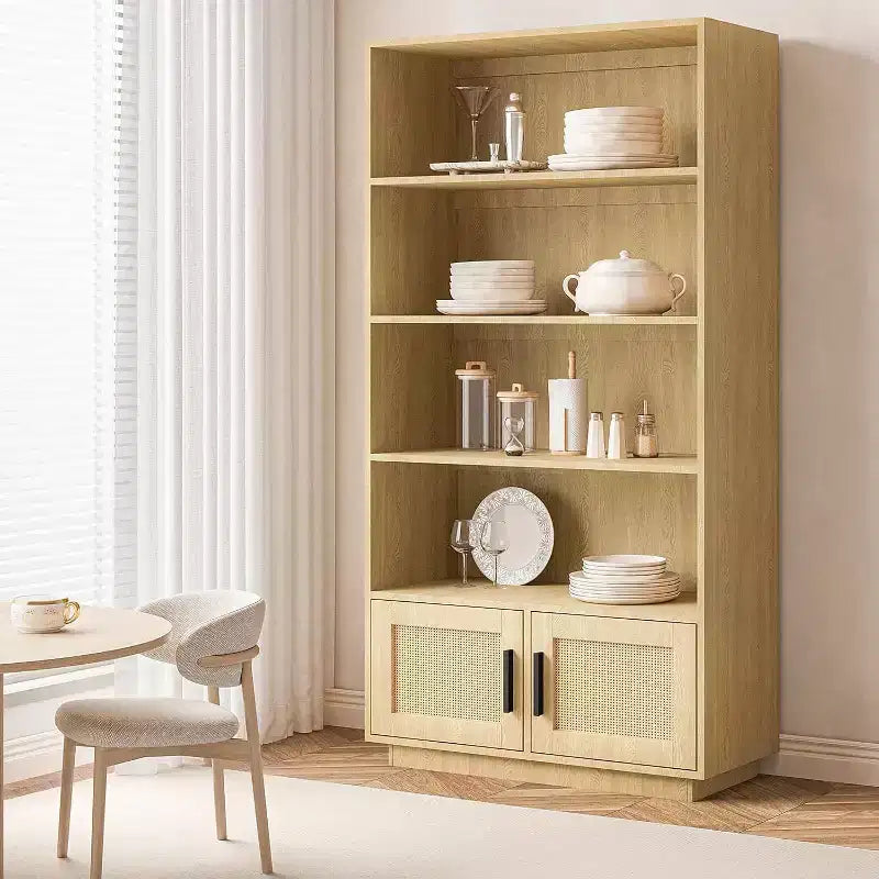 Estantería Bohemia de Madera de 5 Niveles con Puertas de Ratán, Estantería Alta Abierta con Almacenamiento para Sala de Estar, Dormitorio, Oficina en Casa y Cocina