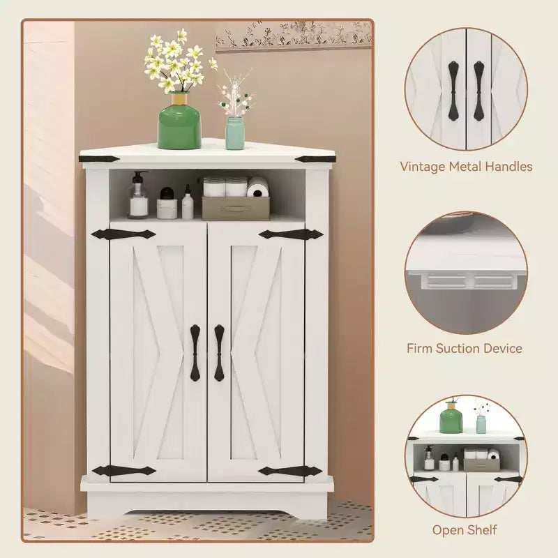 Mueble Esquinero de Baño, Mueble Esquinero Pequeño con Puertas Correderas y Estante Ajustable, Mesa de Baño Estilo Granja para Espacios Pequeños en Cocina o Sala de Estar