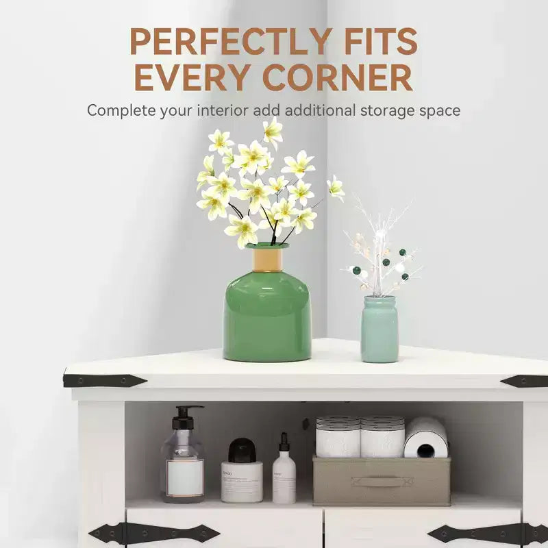 Mueble Esquinero de Baño, Mueble Esquinero Pequeño con Puertas Correderas y Estante Ajustable, Mesa de Baño Estilo Granja para Espacios Pequeños en Cocina o Sala de Estar
