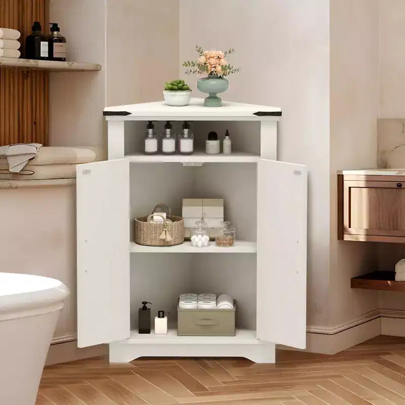 Mueble Esquinero de Baño, Mueble Esquinero Pequeño con Puertas Correderas y Estante Ajustable, Mesa de Baño Estilo Granja para Espacios Pequeños en Cocina o Sala de Estar