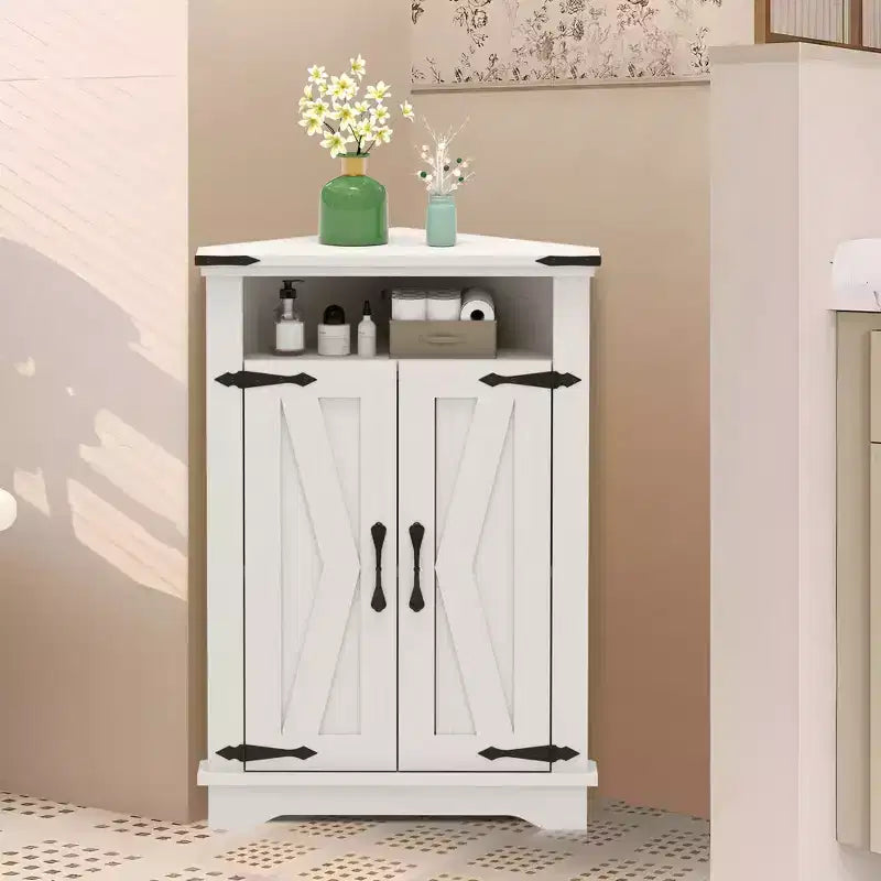 Mueble Esquinero de Baño, Mueble Esquinero Pequeño con Puertas Correderas y Estante Ajustable, Mesa de Baño Estilo Granja para Espacios Pequeños en Cocina o Sala de Estar