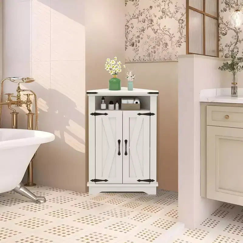 Mueble Esquinero de Baño, Mueble Esquinero Pequeño con Puertas Correderas y Estante Ajustable, Mesa de Baño Estilo Granja para Espacios Pequeños en Cocina o Sala de Estar