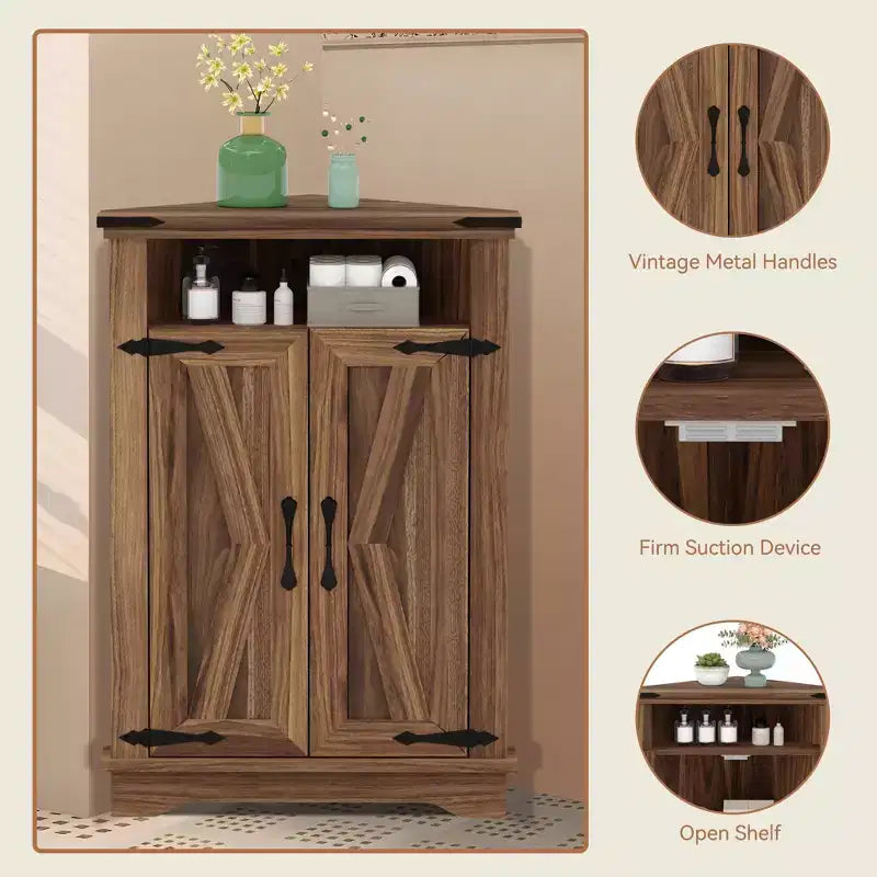 Mueble Esquinero de Baño, Mueble Esquinero Pequeño con Puertas Correderas y Estante Ajustable, Mesa de Baño Estilo Granja para Espacios Pequeños en Cocina o Sala de Estar