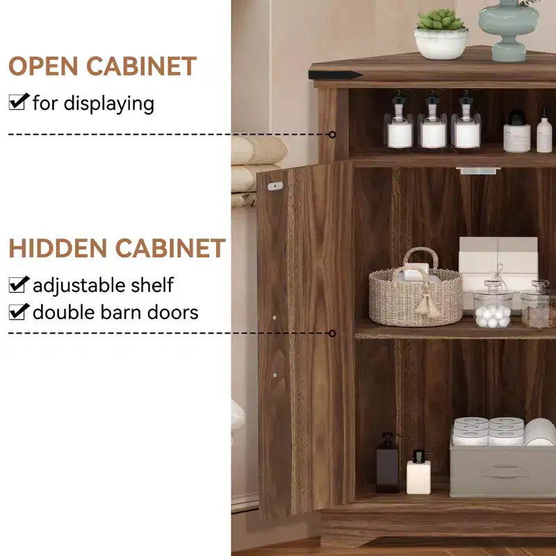 Mueble Esquinero de Baño, Mueble Esquinero Pequeño con Puertas Correderas y Estante Ajustable, Mesa de Baño Estilo Granja para Espacios Pequeños en Cocina o Sala de Estar
