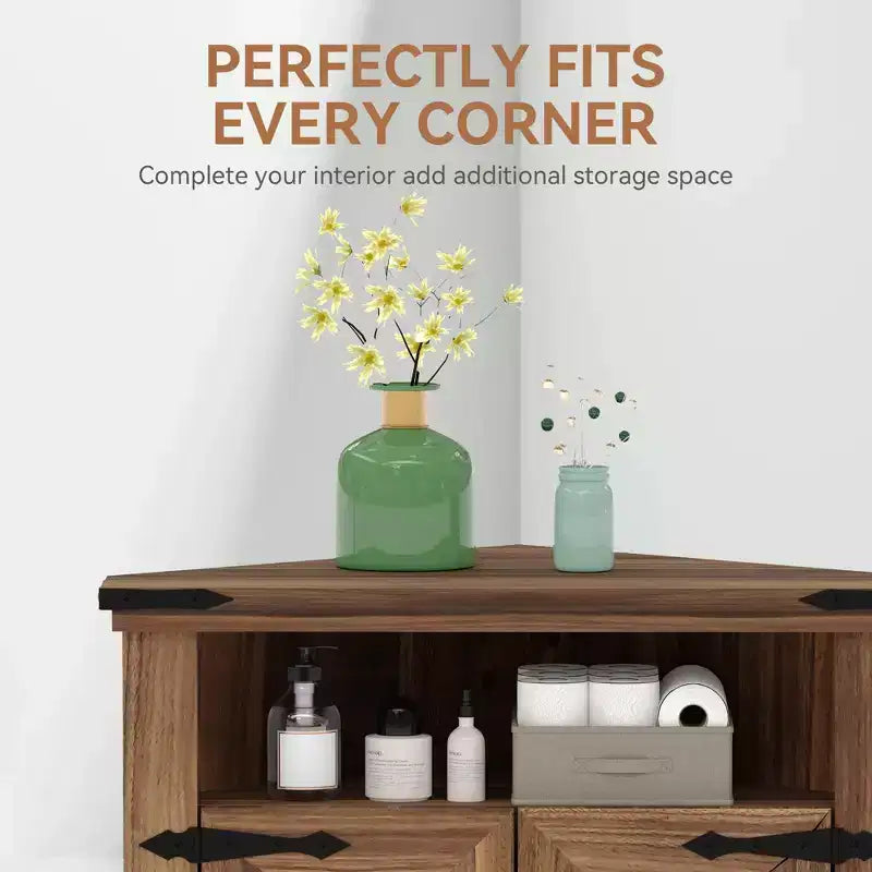 Mueble Esquinero de Baño, Mueble Esquinero Pequeño con Puertas Correderas y Estante Ajustable, Mesa de Baño Estilo Granja para Espacios Pequeños en Cocina o Sala de Estar