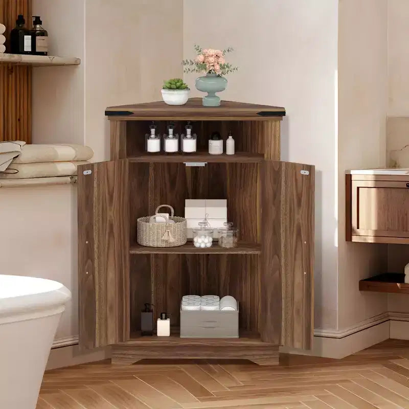 Mueble Esquinero de Baño, Mueble Esquinero Pequeño con Puertas Correderas y Estante Ajustable, Mesa de Baño Estilo Granja para Espacios Pequeños en Cocina o Sala de Estar
