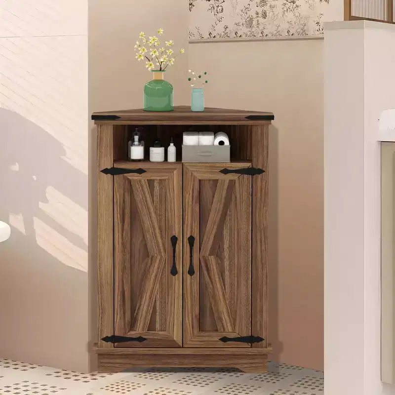 Mueble Esquinero de Baño, Mueble Esquinero Pequeño con Puertas Correderas y Estante Ajustable, Mesa de Baño Estilo Granja para Espacios Pequeños en Cocina o Sala de Estar