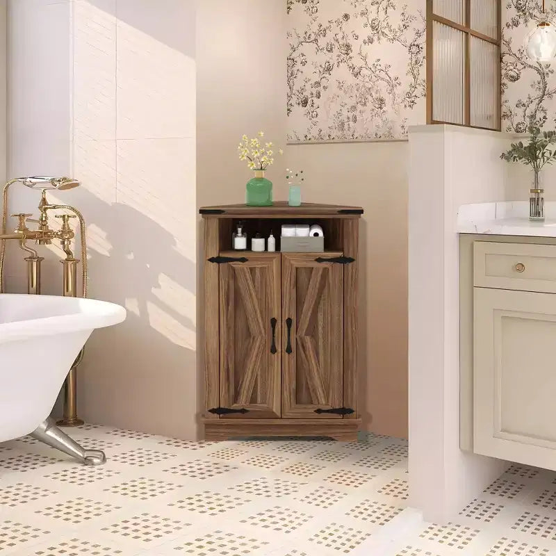 Mueble Esquinero de Baño, Mueble Esquinero Pequeño con Puertas Correderas y Estante Ajustable, Mesa de Baño Estilo Granja para Espacios Pequeños en Cocina o Sala de Estar